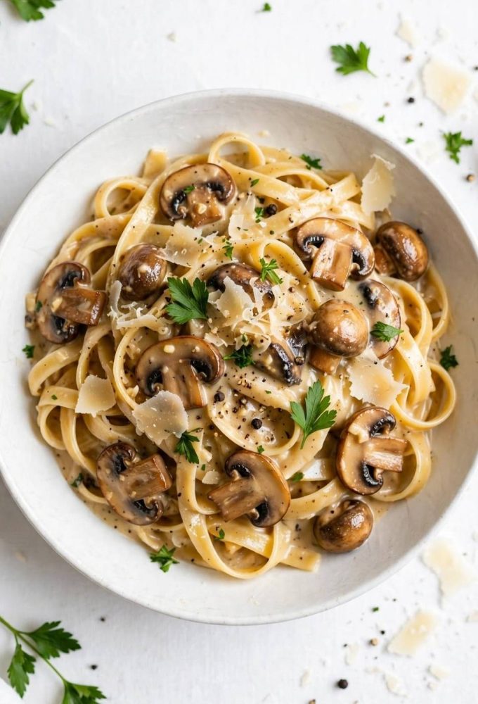 Overhead view of creamy date night mushroom fettuccine with mushrooms, Parmesan, and parsley on a white table.