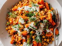 Roasted Carrot Farro Bowl with Chickpeas & Herbed Crème Fraîche