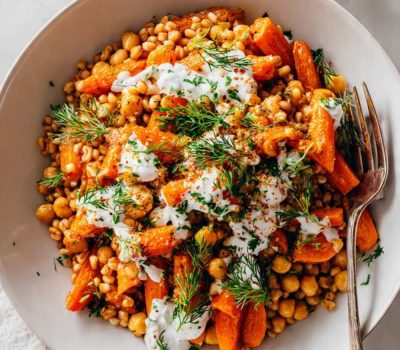 Roasted Carrot Farro Bowl with Chickpeas & Herbed Crème Fraîche