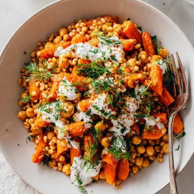 Roasted Carrot Farro Bowl with Chickpeas & Herbed Crème Fraîche