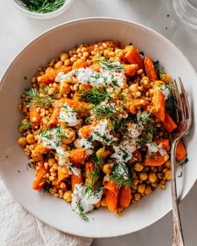 Roasted Carrot Farro Bowl with Chickpeas & Herbed Crème Fraîche