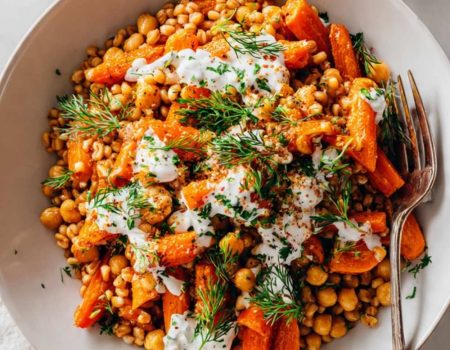 Roasted Carrot Farro Bowl with Chickpeas & Herbed Crème Fraîche