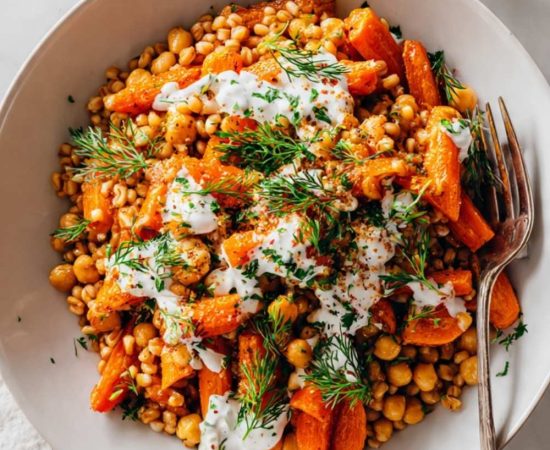 Roasted Carrot Farro Bowl with Chickpeas & Herbed Crème Fraîche