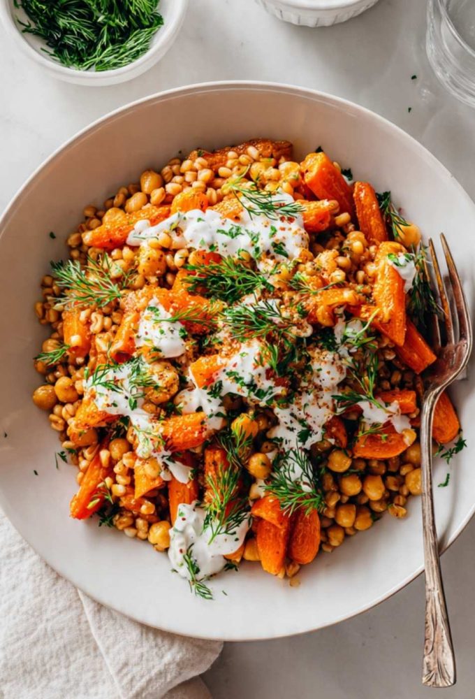 Roasted Carrot Farro Bowl with Chickpeas & Herbed Crème Fraîche