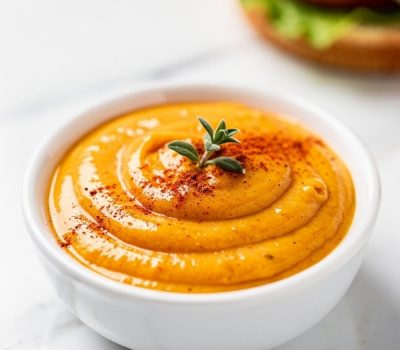 Overhead flat lay of classic burger sauce in a white ceramic bowl on a white marble table, garnished with paprika and fresh herbs