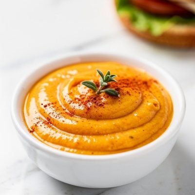 Overhead flat lay of classic burger sauce in a white ceramic bowl on a white marble table, garnished with paprika and fresh herbs