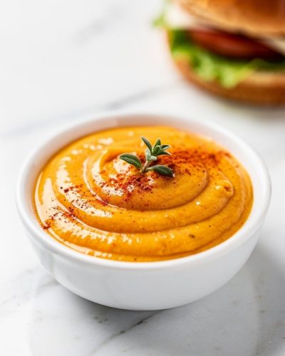 Overhead flat lay of classic burger sauce in a white ceramic bowl on a white marble table, garnished with paprika and fresh herbs