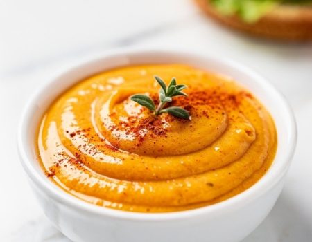 Overhead flat lay of classic burger sauce in a white ceramic bowl on a white marble table, garnished with paprika and fresh herbs