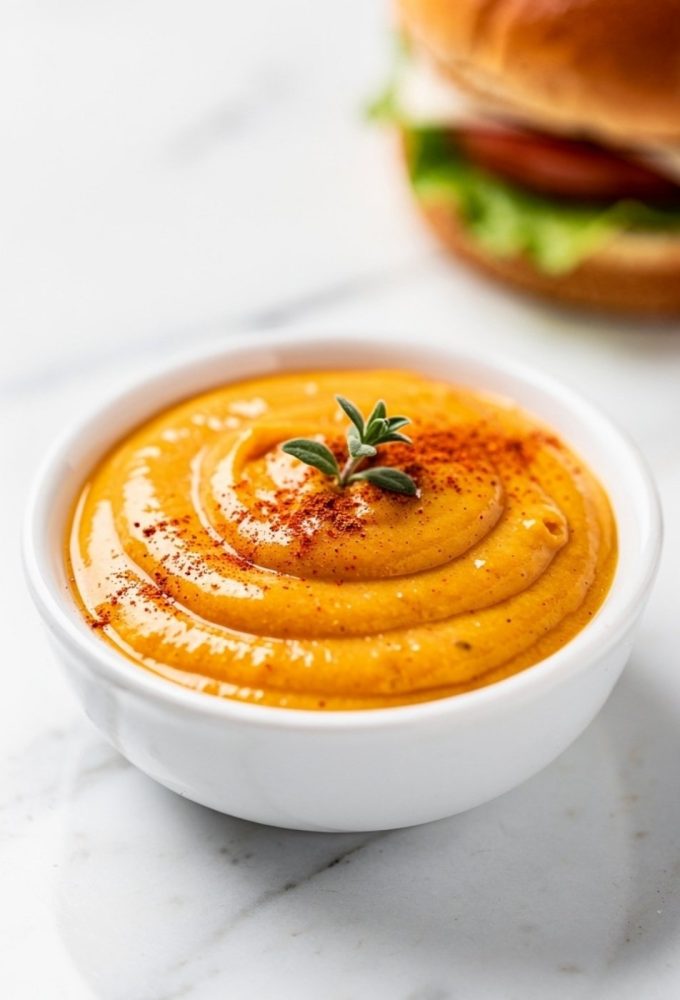 Overhead flat lay of classic burger sauce in a white ceramic bowl on a white marble table, garnished with paprika and fresh herbs
