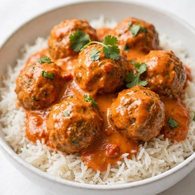 Butter chicken meatballs in creamy tomato sauce photographed at a 45-degree angle.
