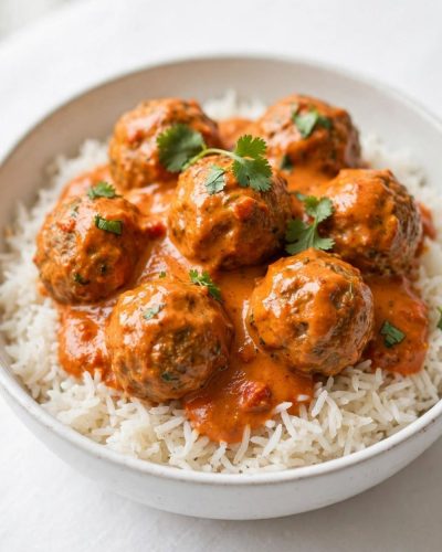 Butter chicken meatballs in creamy tomato sauce photographed at a 45-degree angle.