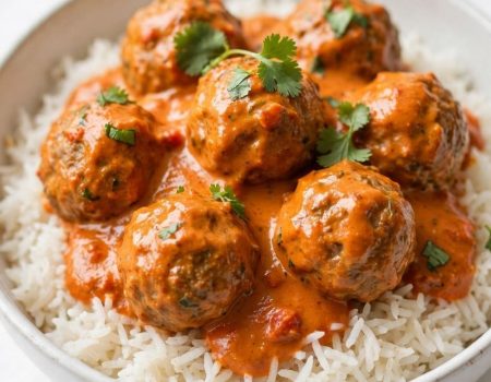 Butter chicken meatballs in creamy tomato sauce photographed at a 45-degree angle.