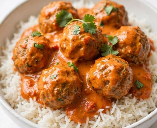 Butter chicken meatballs in creamy tomato sauce photographed at a 45-degree angle.