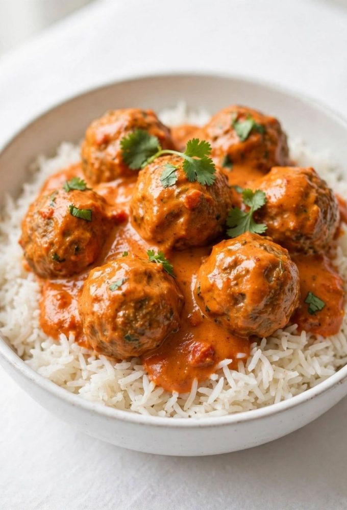 Butter chicken meatballs in creamy tomato sauce photographed at a 45-degree angle.