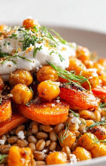 Roasted Carrot Farro Bowl with Chickpeas & Herbed Crème Fraîche