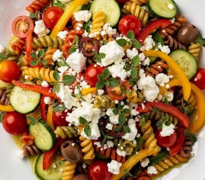 Overhead flat lay of quick and easy pasta salad on white ceramic plate with feta and fresh basil