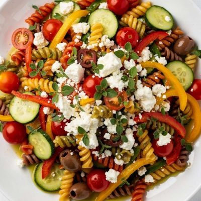 Overhead flat lay of quick and easy pasta salad on white ceramic plate with feta and fresh basil