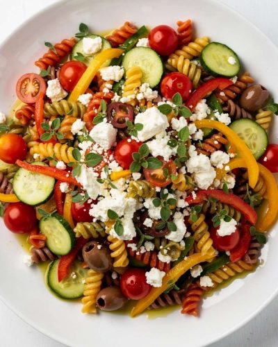 Overhead flat lay of quick and easy pasta salad on white ceramic plate with feta and fresh basil