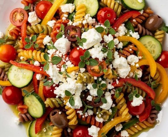 Overhead flat lay of quick and easy pasta salad on white ceramic plate with feta and fresh basil
