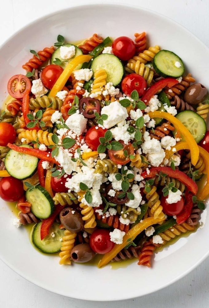 Overhead flat lay of quick and easy pasta salad on white ceramic plate with feta and fresh basil