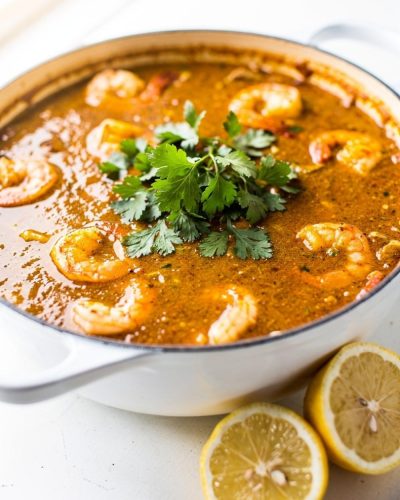 Overhead flat lay of homemade seafood boil sauce in a white bowl on a white marble table, garnished with fresh parsley and lemon wedge
