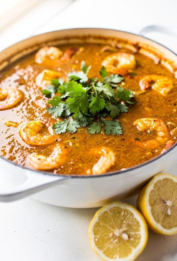 Overhead flat lay of homemade seafood boil sauce in a white bowl on a white marble table, garnished with fresh parsley and lemon wedge