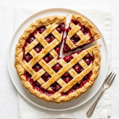 Homemade cherry pie on a white background with a flaky golden crust and glossy cherry filling.
