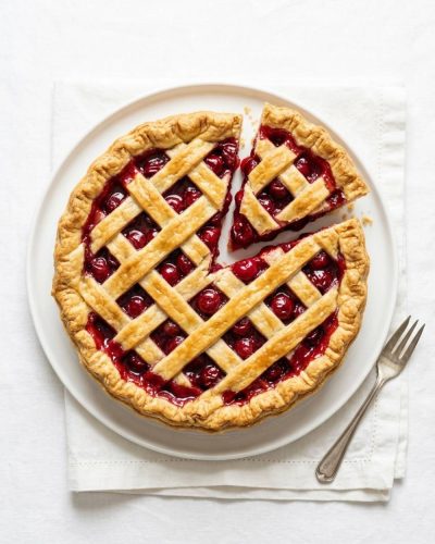 Homemade cherry pie on a white background with a flaky golden crust and glossy cherry filling.