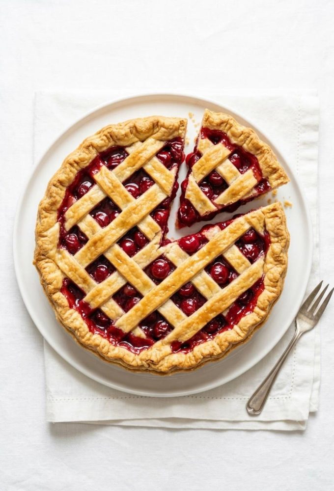 Homemade cherry pie on a white background with a flaky golden crust and glossy cherry filling.