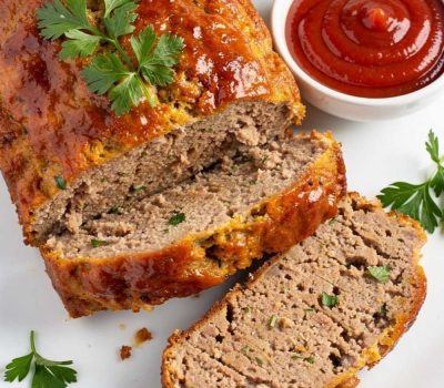 Styled lifestyle food photography of The Best Turkey Meatloaf Recipe served on a white marble table, surrounded by fresh parsley, a small bowl of ketchup glaze, and a side of creamy mashed potatoes, bright airy natural afternoon light, no shadows, no smoke, clean white table, minimal styling, food blog photography style