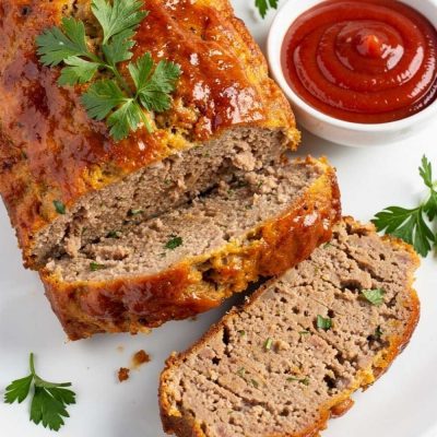 Styled lifestyle food photography of The Best Turkey Meatloaf Recipe served on a white marble table, surrounded by fresh parsley, a small bowl of ketchup glaze, and a side of creamy mashed potatoes, bright airy natural afternoon light, no shadows, no smoke, clean white table, minimal styling, food blog photography style