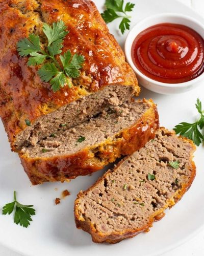 Styled lifestyle food photography of The Best Turkey Meatloaf Recipe served on a white marble table, surrounded by fresh parsley, a small bowl of ketchup glaze, and a side of creamy mashed potatoes, bright airy natural afternoon light, no shadows, no smoke, clean white table, minimal styling, food blog photography style