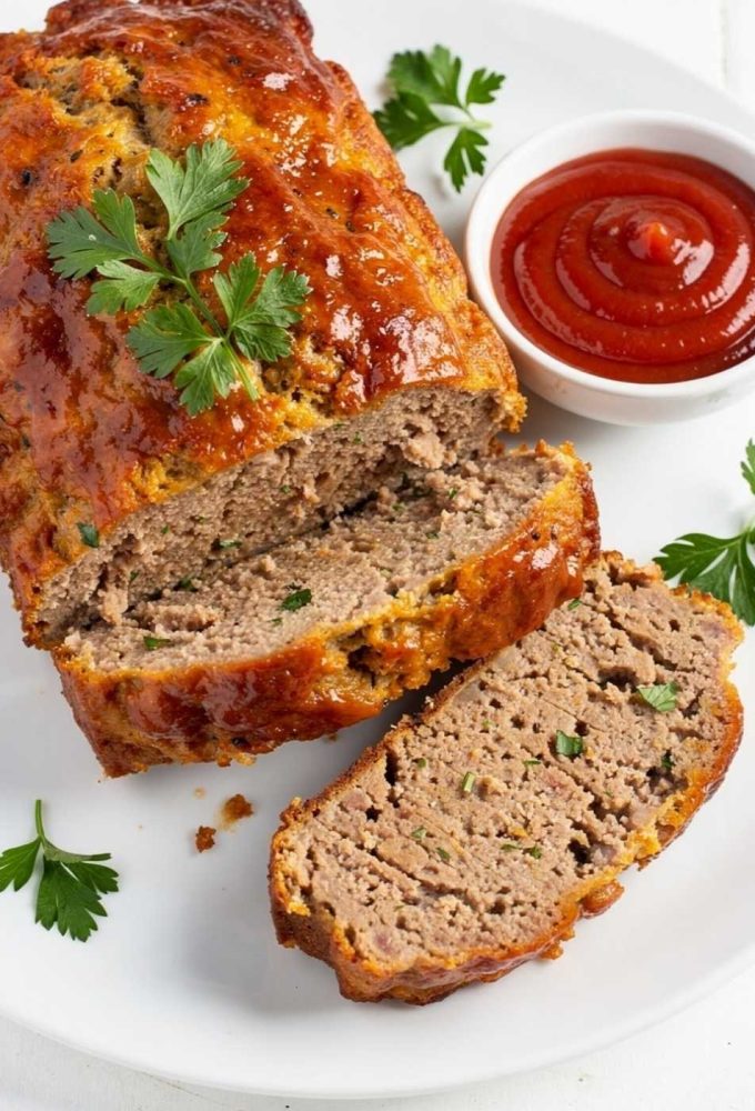 Styled lifestyle food photography of The Best Turkey Meatloaf Recipe served on a white marble table, surrounded by fresh parsley, a small bowl of ketchup glaze, and a side of creamy mashed potatoes, bright airy natural afternoon light, no shadows, no smoke, clean white table, minimal styling, food blog photography style