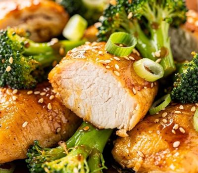 Close-up macro shot of easy chicken and broccoli stir fry showing golden chicken interior and bright green broccoli with glossy sauce, sesame seeds visible.