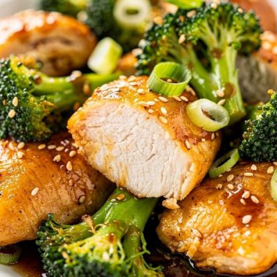 Close-up macro shot of easy chicken and broccoli stir fry showing golden chicken interior and bright green broccoli with glossy sauce, sesame seeds visible.