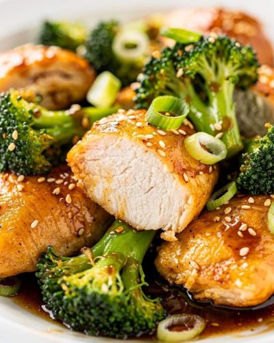 Close-up macro shot of easy chicken and broccoli stir fry showing golden chicken interior and bright green broccoli with glossy sauce, sesame seeds visible.