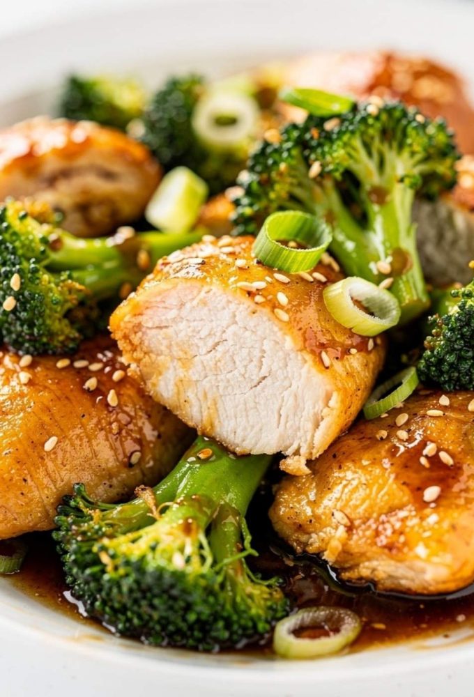 Close-up macro shot of easy chicken and broccoli stir fry showing golden chicken interior and bright green broccoli with glossy sauce, sesame seeds visible.