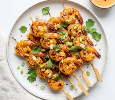 Overhead flat lay of golden bang bang shrimp skewers on a white plate with Bang Bang sauce and cilantro garnish