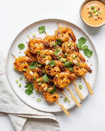Overhead flat lay of golden bang bang shrimp skewers on a white plate with Bang Bang sauce and cilantro garnish