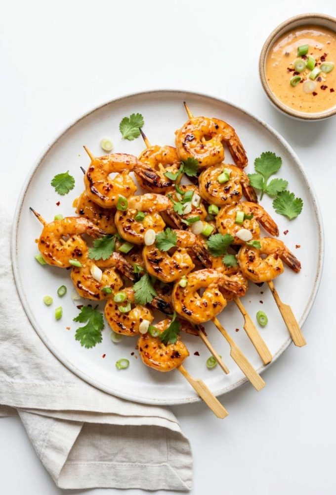 Overhead flat lay of golden bang bang shrimp skewers on a white plate with Bang Bang sauce and cilantro garnish