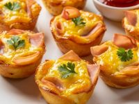 Ham and Cheese Egg Cups served on a white plate with fresh herbs, golden baked tops, and a bright breakfast presentation