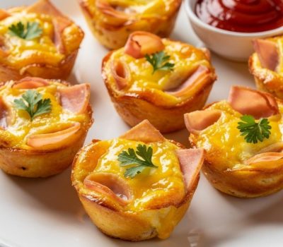 Ham and Cheese Egg Cups served on a white plate with fresh herbs, golden baked tops, and a bright breakfast presentation
