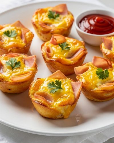 Ham and Cheese Egg Cups served on a white plate with fresh herbs, golden baked tops, and a bright breakfast presentation