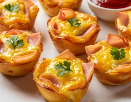 Ham and Cheese Egg Cups served on a white plate with fresh herbs, golden baked tops, and a bright breakfast presentation