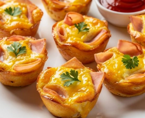 Ham and Cheese Egg Cups served on a white plate with fresh herbs, golden baked tops, and a bright breakfast presentation