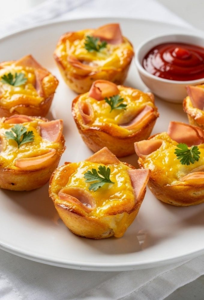 Ham and Cheese Egg Cups served on a white plate with fresh herbs, golden baked tops, and a bright breakfast presentation