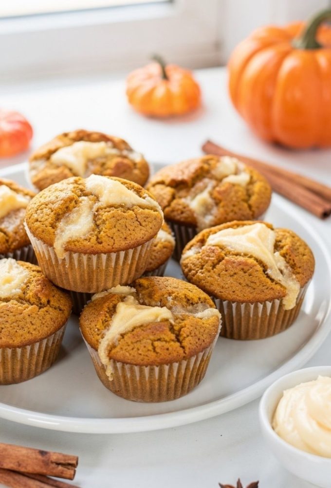 Golden pumpkin cream cheese muffins with cream cheese swirl on a white ceramic plate, white table.