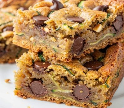 Almond butter chocolate chip zucchini bars arranged neatly on a white plate.