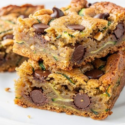 Almond butter chocolate chip zucchini bars arranged neatly on a white plate.