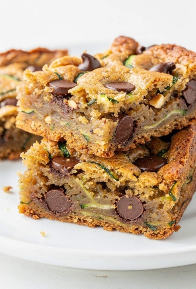 Almond butter chocolate chip zucchini bars arranged neatly on a white plate.